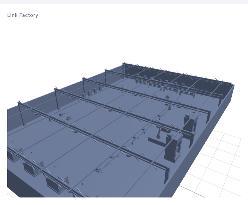 LinkBoard 대시보드의 3D 모델 뷰어 위젯. 공장 레이아웃 3D 모델이 렌더링되어 있다.